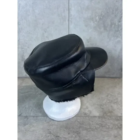 Vintage Leather Football Cap Brass Shield Ear Flaps Lined Size M Black